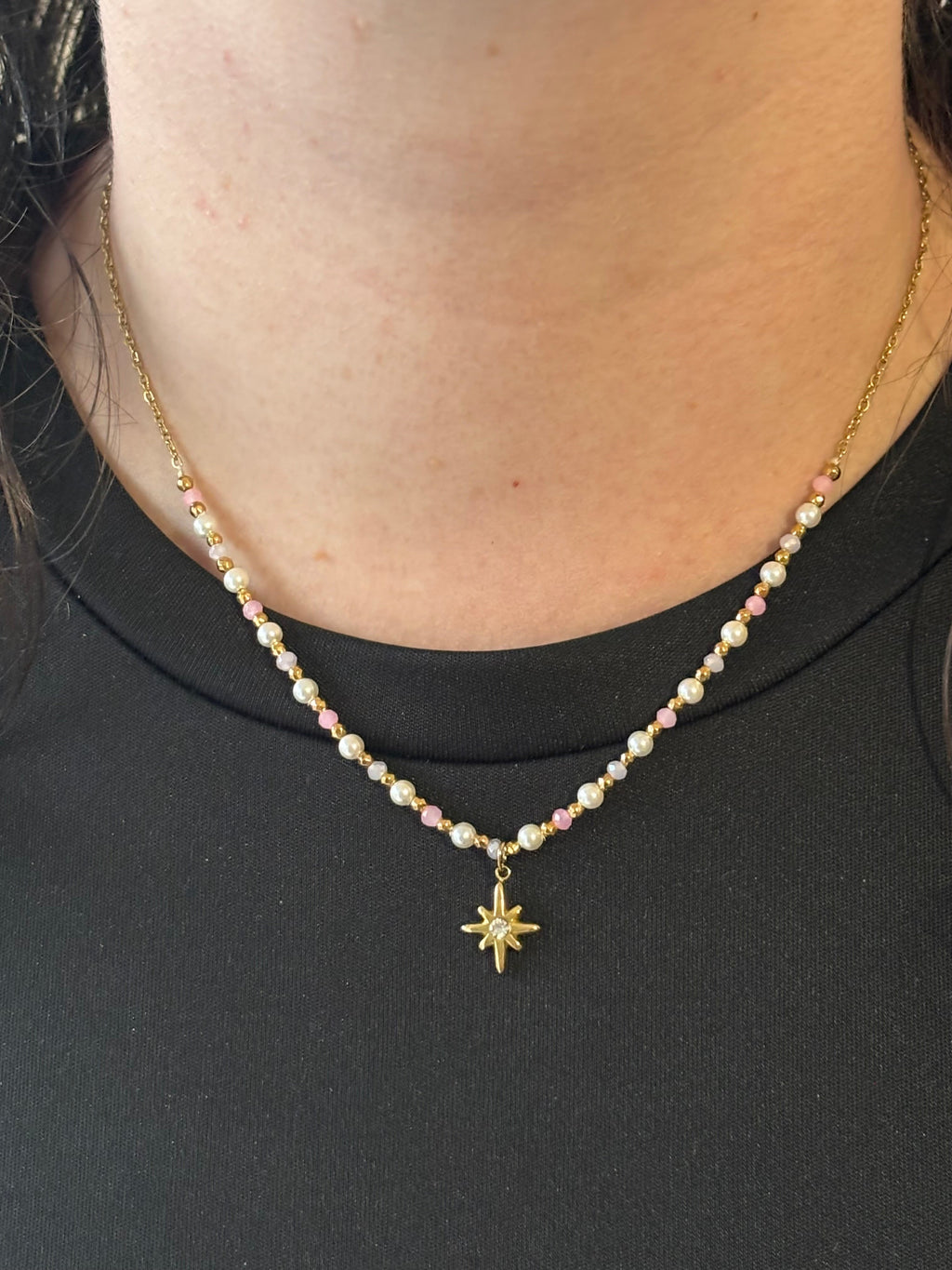 Collier doré rose et blanc Coeur Pastel