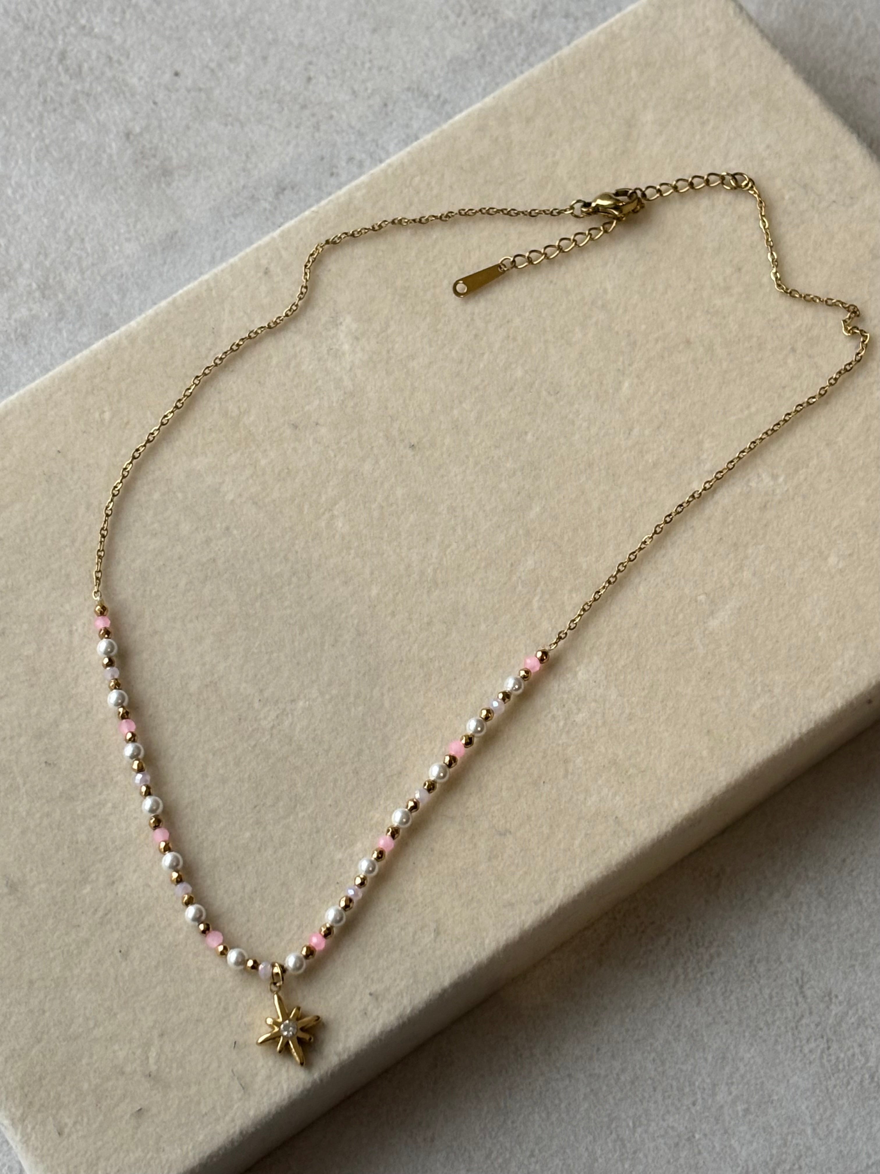 Collier doré rose et blanc Coeur Pastel