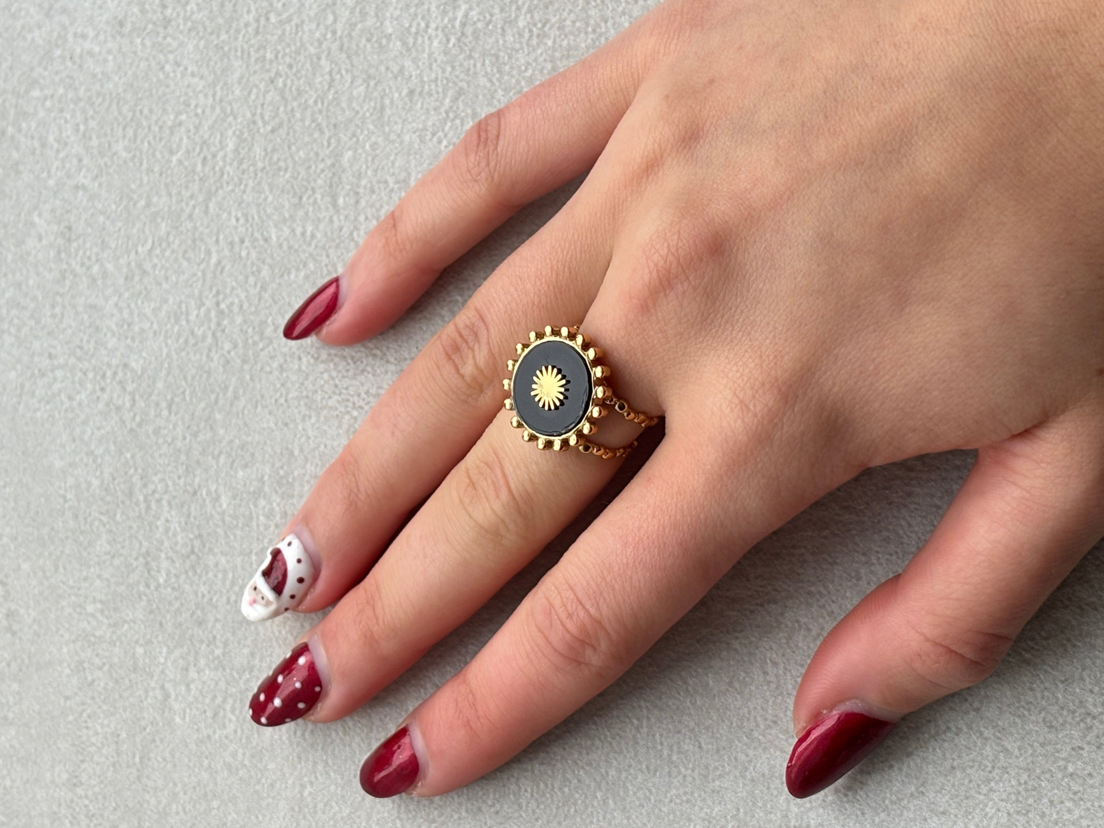 Bague doré pierre noire Coeur Pastel